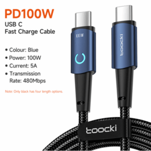 Cable USB C a USB C Toocki PD 100W color azul con diseño trenzado
