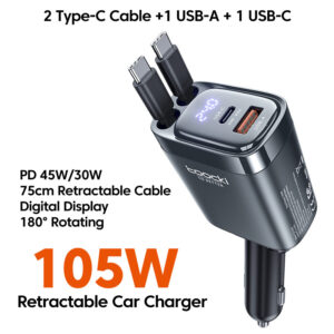 Cargador de Coche 105W Retráctil 4 en 1 Toocki | Display Digital | PD 45W | Rotación 180°