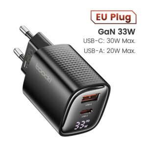 Cargador de Pared GaN 33W Toocki | Doble Puerto USB-C (30W) + USB-A (20W) | Display Digital