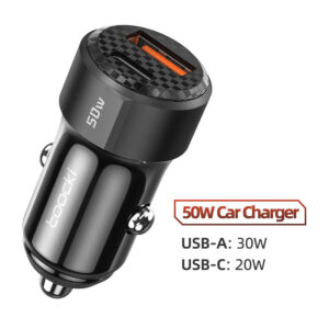 Cargador de Coche Doble 50W Toocki | Puertos USB-A (30W) y USB-C (20W) | Carga Rápida