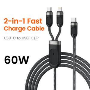 Cable de Carga Rápida 2 en 1 USB-C PD 60W Toocki | Tipo-C y Lightning (Apple) | 1.2M