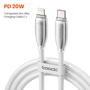 Cable USB C a Lightning Toocki de 20W con conectores de aleación de zinc y diseño trenzado blanco