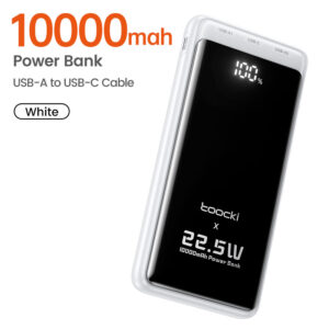 Power Bank Toocki 10000mAh blanco con carga rápida 22.5W, cable USB-C y pantalla digital LED de batería