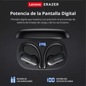 Audífonos deportivos Lenovo XT60 Pro con gancho para oreja, Bluetooth 5.3 y pantalla digital que muestra el porcentaje de batería